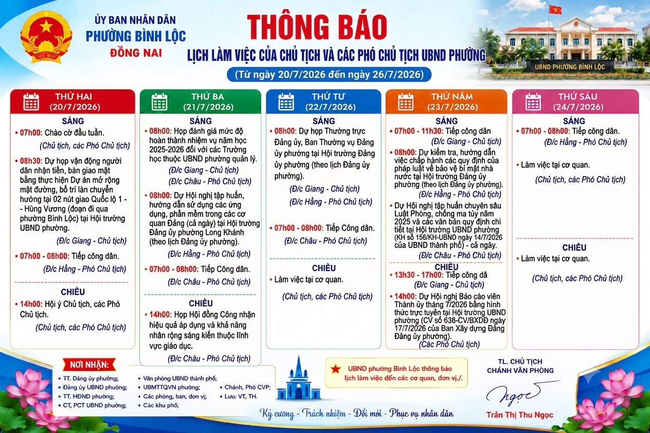 Lịch làm việc của Chủ tịch và các Phó Chủ tịch UBND phường (Từ ngày 20/7/2026 đến ngày 26/7/2026)