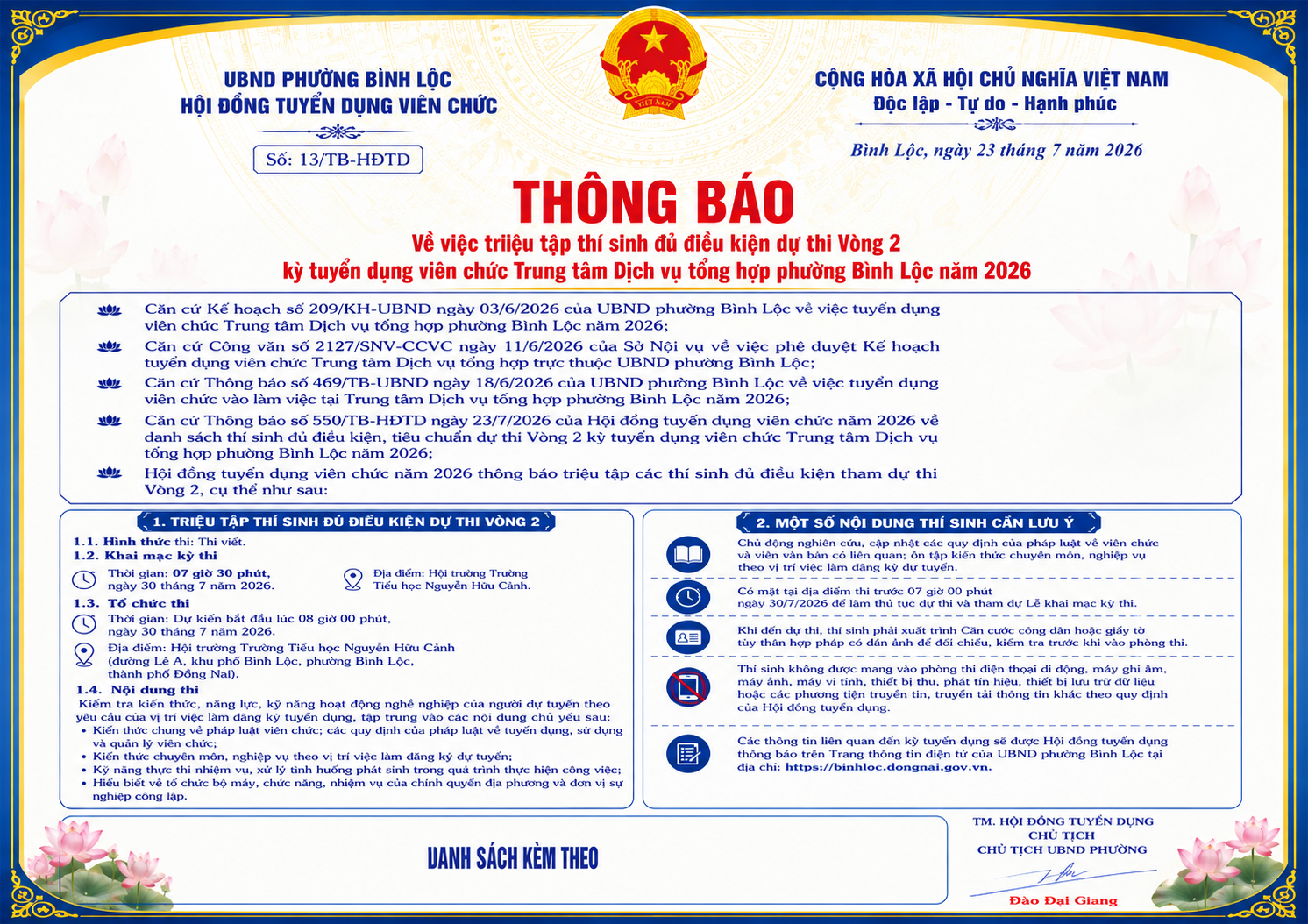 Thông báo triệu tập thi sinh đủ điều kiện dư thi vòng 2 kỳ tuyển dụng viên chức Trung tâm Dịch vụ tổng hợp phường Bình Lộc năm 2026