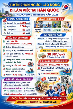 Thông báo tiếp nhận đăng ký đi làm việc tại Hàn Quốc (Chương trình EPS) ngành Ok986 kèo WC 2026 gốc năm 2026